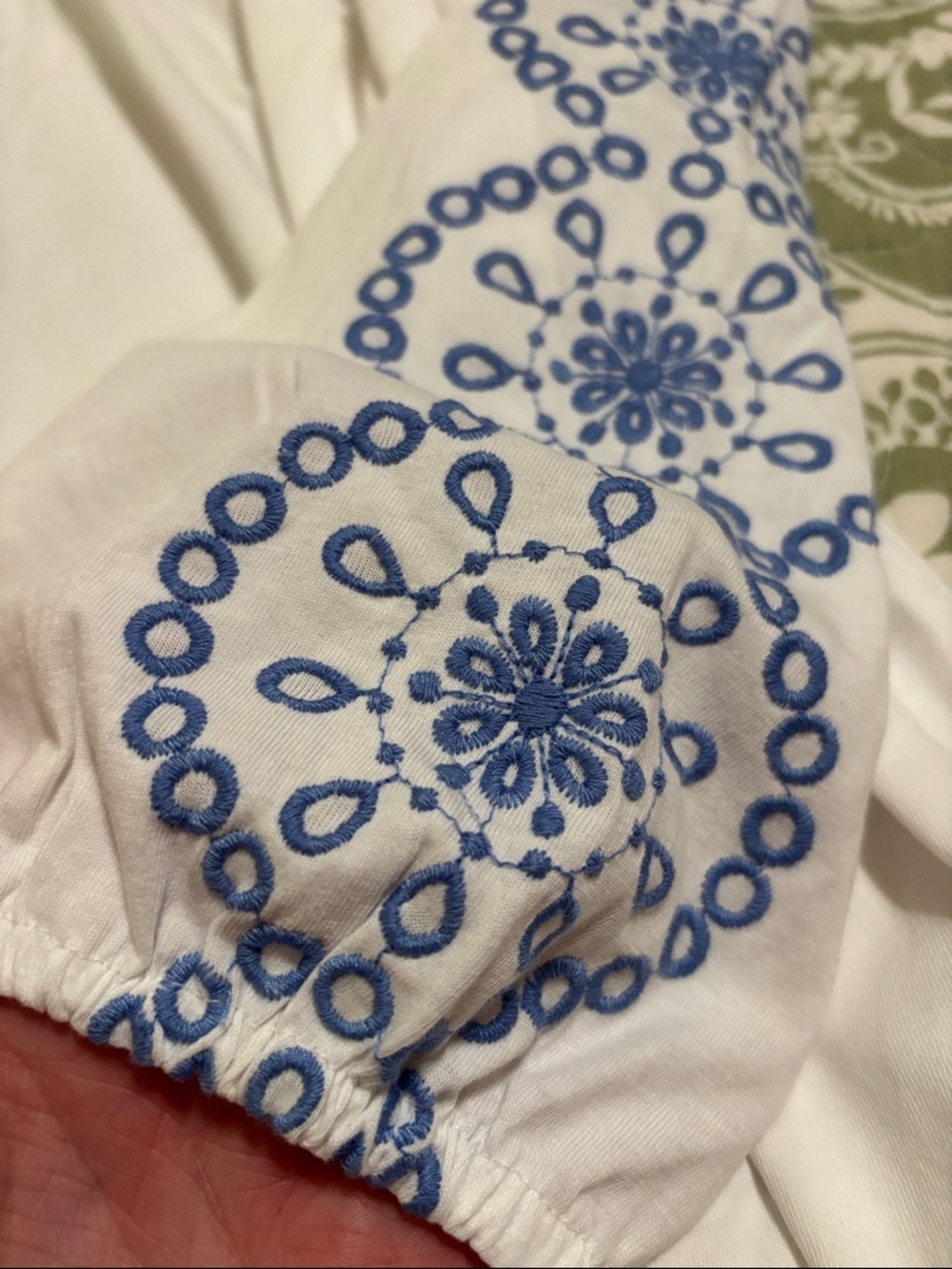 Talbots White Long-Sleeve Peasant Top with Blue Embroidery - Picture 3 of 4